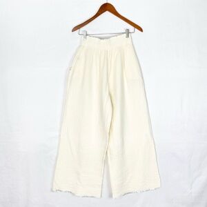 IKIKIZ Crinkle Palazzo Pants Frayed Hem Pocket Wide Leg High Rise